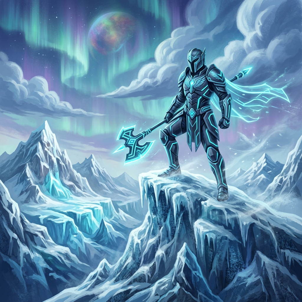Armored warrior with glowing blue accents holding an axe on icy mountain cliff